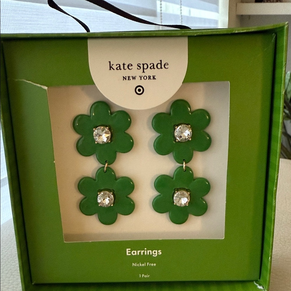 Kate Spade Green Floral Earrings with Crystal Accents